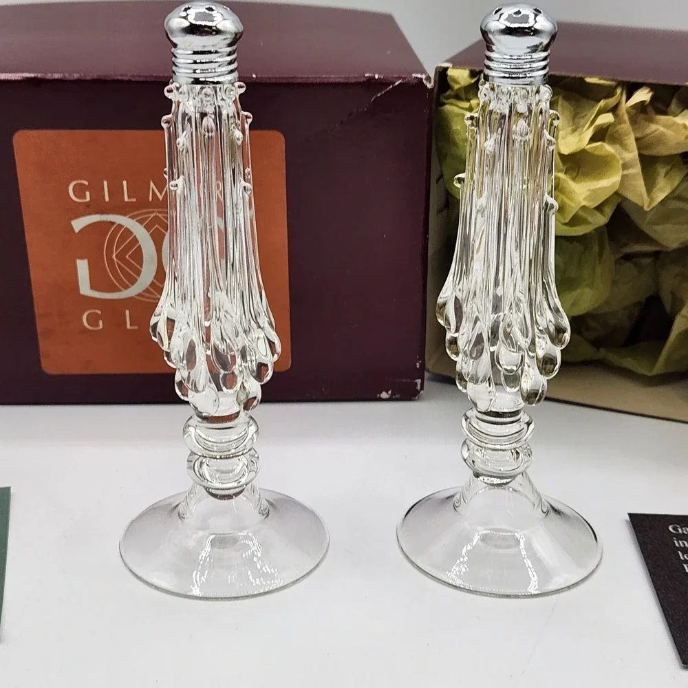 Gilmor Glass Hand Blown Crystal Salt & Pepper‎ Shakers w/ Boxes VTG Elegant